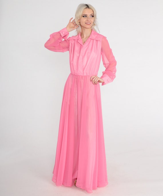 Pink Chiffon Dress Long Party 1970s Maxi High Waist Button Up Prom Dress 70s Boho Formal Dress Draped Vintage Long Sleeve Small S