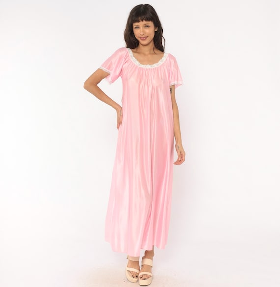 Pink Lace Trim Nightgown 80s Private Moments Maxi Slip Dress Flutter Sleeve Babydoll Coquette Lingerie Rose Blush Sleepwear Vintage One Size