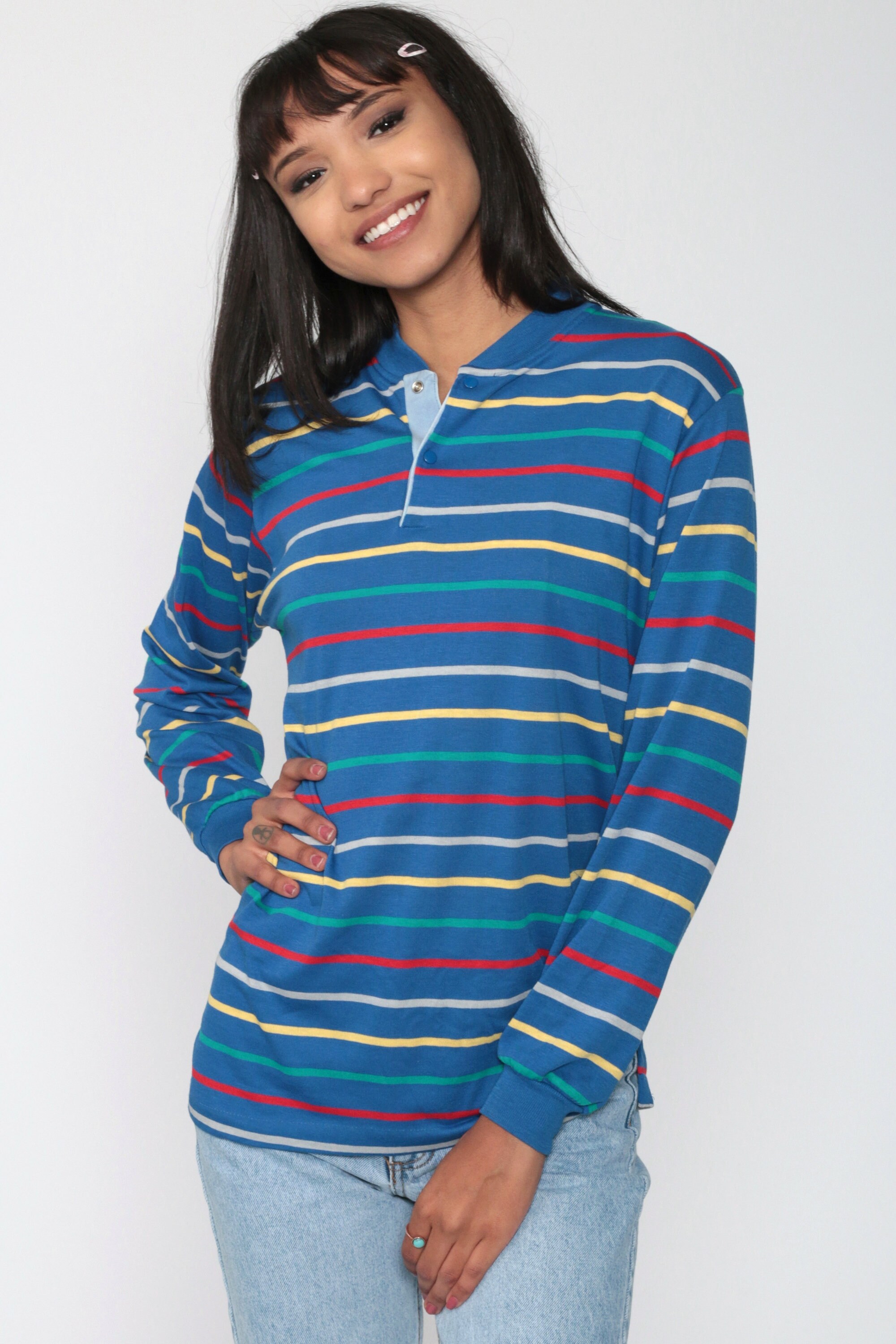 Blue Striped Shirt Polo Shirt 80s Shirt Long Sleeve Shirt Primary Color Shirt Half Button Up 