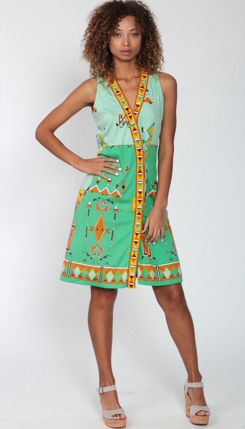 70s Mod Mini Dress Green PAGANNE Dress Tribal Geometric Print V Neck Dress 70s Vintage Minidress Boho Hippie Sleeveless Bohemian Small