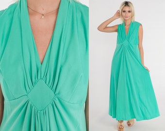 Green Grecian Gown 70s Party Dress Long V Neck Maxi Dress Empire Waist Sleeveless Retro Cocktail Evening Simple Chic Vintage 1970s Medium M