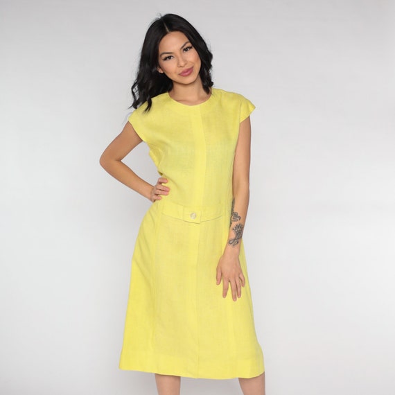 60s Linen Dress Yellow Midi 60s Shift 1960s Sheath 1960s Plain Mid Century Mod Knee Length Vintage Short Cap Sleeve Medium