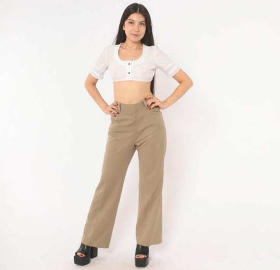70s Haggar Flare Trousers Tan Boot Cut Slacks Khaki Bell Bottom Pants Taupe Sand Wide Leg Disco Beige Camel Vintage Bottoms 34x30 Large L