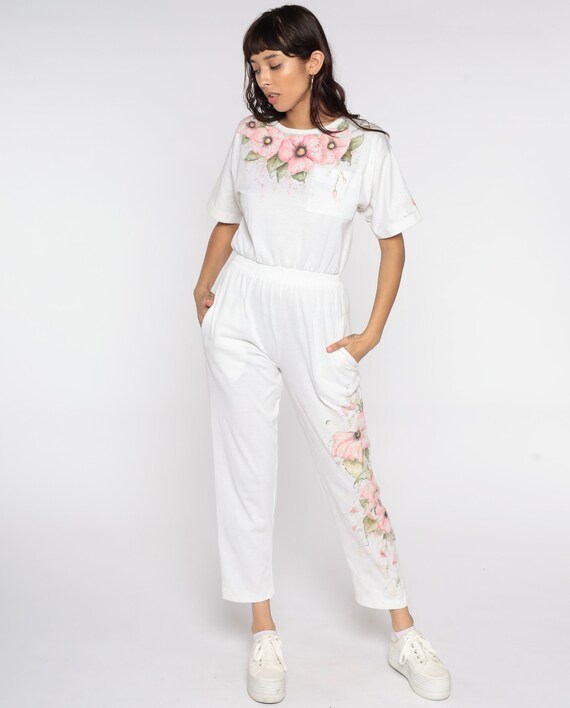 Floral Jumpsuit 80s Hand Painted White Pantsuit Pink … Gem