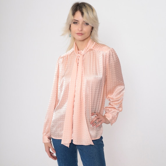 80s Ascot Blouse Baby Pink Embossed Satin Neck Tie Top Shiny Pussy Bow Shirt Secretary Button Up Long Puff Sleeve Vintage 1980s Medium 8