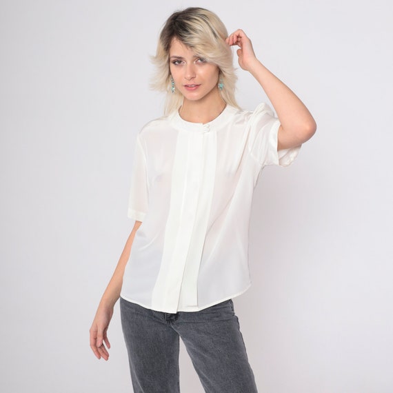 Pleated Off-White Blouse 90s Hidden Button Up Shirt Short Sleeve Secretary Top Office Work Blouse Simple Vintage 1990s Medium 8P Petite