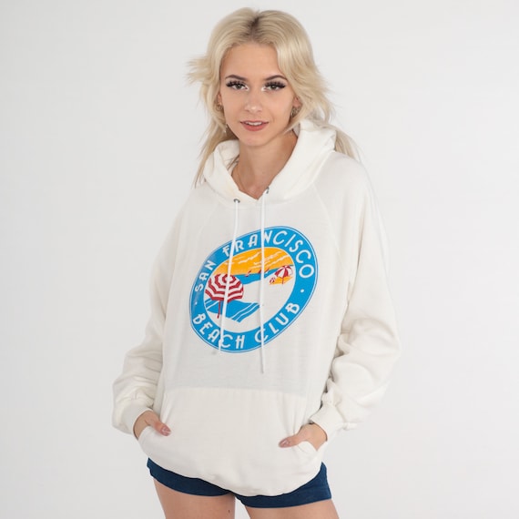 Vintage San Francisco Beach Club Hoodie 90s Hooded Sweatshirt California Beach Graphic Shirt White Raglan Sleeve Kangaroo Pocket 1990s Large