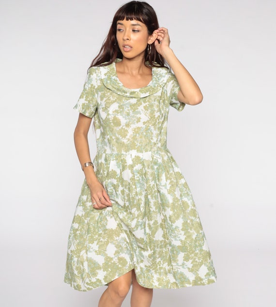 60s Floral Dress Midi PLEATED Mad Men 1960s Green Day Dress Tea Length Vintage Garden Party Short Sleeve High Waist Medium 10
