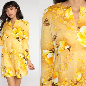 Floral Babydoll Dress 70s Mod Mini Long Sleeve Yellow Empire Waist 60s Vintage Dolly Gogo 1970s Seventies Medium