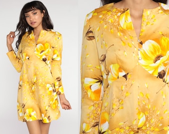 Floral Babydoll Dress 70s Mod Mini Long Sleeve Yellow Empire Waist 60s Vintage Dolly Gogo 1970s Seventies Medium