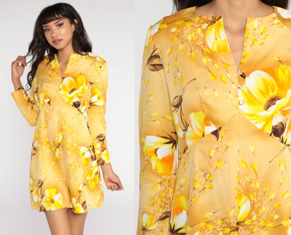 Floral Babydoll Dress 70s Mod Mini Long Sleeve Yellow Empire Waist 60s Vintage Dolly Gogo 1970s Seventies Medium