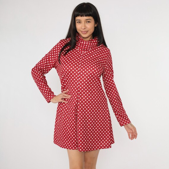Vintage Polka Dot Dress 70s Cowl Neck Mod Mini Dress Red White Print Shift A-Line Minidress Gogo Long Sleeve Go Go 1970s Medium Large
