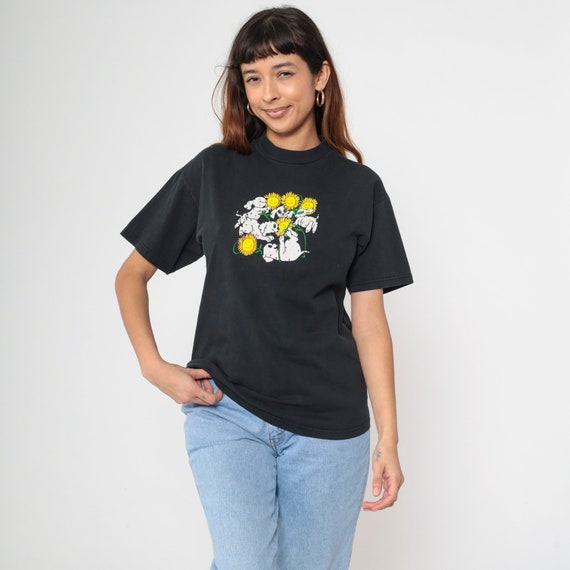 Dalmatian Shirt 90s Puppy Sunflower T-Shirt Black Floral Graphic Tee Retro Animal Screen Print Vintage 1990s Youth Extra Large xl, Women's M
