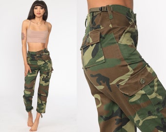 Army Camo Pants xs CARGO Pants 80s Military High Waisted Combat Olive Green Camouflage 1980s Vintage Punk Grunge Olive Drab 2xs xxs