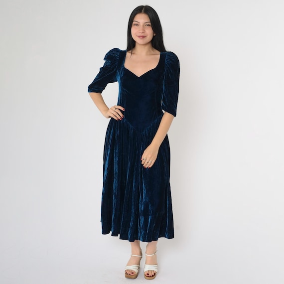 Vintage 80s Blue Velvet Dress Party Puff Sleeve Midi Basque Waist Formal Sweetheart Neckline Cocktail Retro Gothic 1980s Extra Small xs