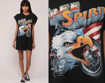 Maglietta da motociclista FREE SPIRIT con aquila, canotta con bandiera americana, maglietta grafica anni '90, maglietta vintage anni '80 nera retrò, taglia L