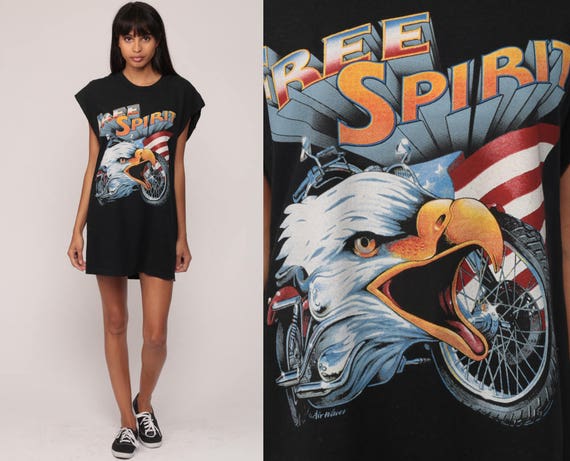 Biker Shirt FREE SPIRIT Eagle Shirt American Flag Tank Top 90s Motorcycle Graphic Tee 80s Vintage Black Retro Shirt Large