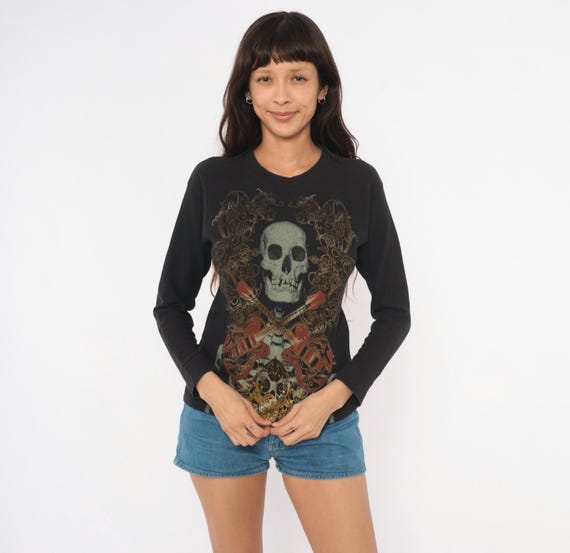 Y2K Skull Crossbones Guitar Long Sleeve Thermal Top 2000s Rock Band Black Graphic Tee Ornate Waffle Knit Punk Streetwear Vintage Medium M