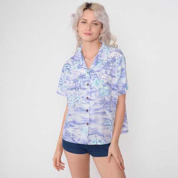 Purple Hawaiian Shirt 90s Tropical Button Up Blouse Hibiscus Flower Aloha Print Vacation Short Sleeve Top Palm Tree Vintage 1990s Medium M