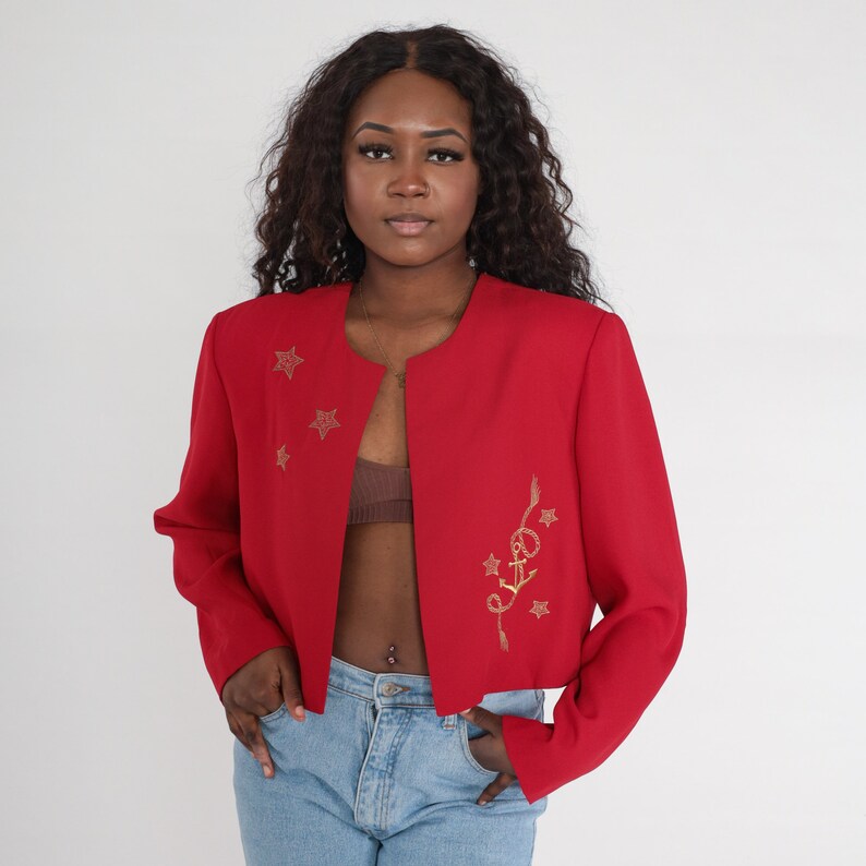 Red Cropped Jacket 90s Gold Star Jacket Embroidered Open Front Blazer Preppy Jacket Crop Coat Short Vintage 1990s Extra Large xl image 2