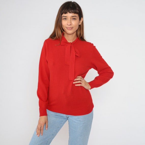 Red Bow Sweater 90s Angora Wool Blend Pullover Knit Sweater Neck Tie Ascot Pussy Bow Necktie Jumper Holiday Vintage 1990s Halston Medium M