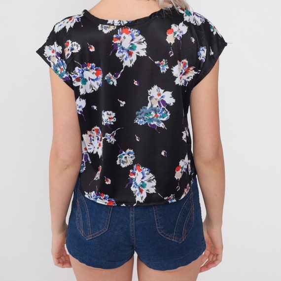 Black Floral Blouse 70s Top Cap Sleeve Shirt Retr… - image 5