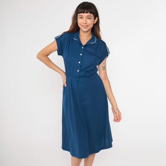 70s Midi Dress Dark Blue Shirtdress Button Up Vintage Secretary Slouch High Waisted Boho 1970s Short Cap Sleeve Small