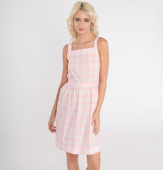 Pink Gingham Dress 80s Mini Sundress Sleeveless High Waisted Full Skirt Pinafore Day Sun Dress Checkered Print Vintage 1980s Extra Small xs