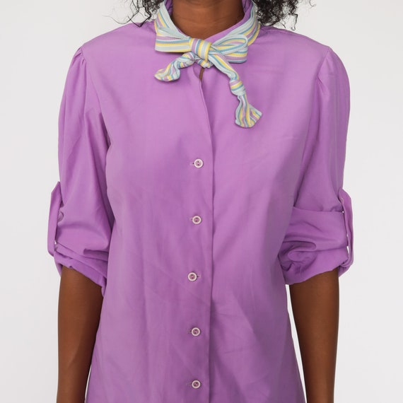 Purple Ascot Dress 70s Puff Sleeve Mini Button Up… - image 5