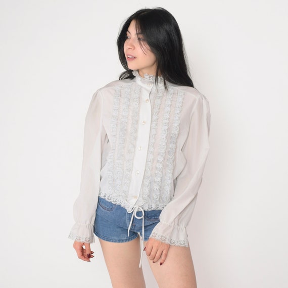 70s Victorian Blouse Lace Trim Tuxedo Shirt Puff Sleeve Button up Top High Neck Formal Off White Long Sleeve Hippie Vintage 1970s Medium M