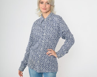 70s Jacquard Geometric Shirt Vintage Disco Top Bohemian Shirt Blue White 1970s Hippie Long Sleeve Button Up Boho Retro Men's Large 16-16 1/2