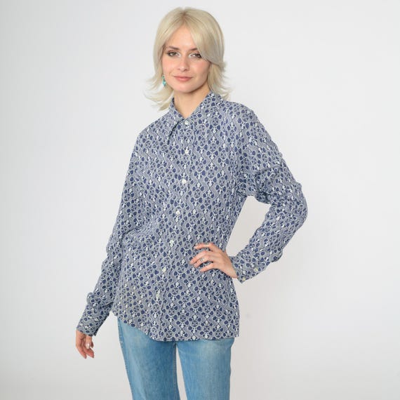 70s Jacquard Geometric Shirt Vintage Disco Top Bohemian Shirt Blue White 1970s Hippie Long Sleeve Button Up Boho Retro Men's Large 16-16 1/2