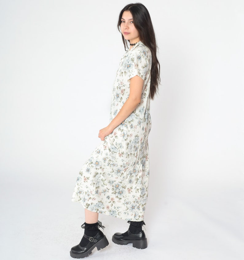 Floral Grunge Dress 90s Off-White Floral Dress Boho Midi Dress V Neck Collared 1990s Sheath Bohemian Bloom Print Light Short Sleeve Large image 5