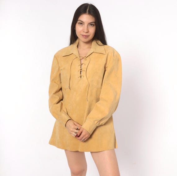70s Lace Up Suede Shirt Tan Pullover Tunic Pointed Collar Pocket Sand Camel Western Long Sleeve Faux Leather Top Khaki Beige Vintage Large L