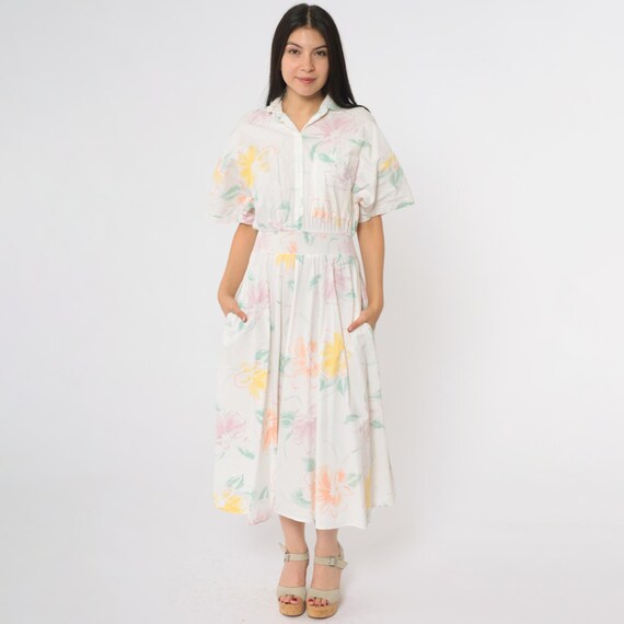 Vintage 80s Floral Midi Dress Pastel Watercolor Short Sleeve Button Up Collared Bodice Smocked Waist Pockets Cotton Spring Summer Small S