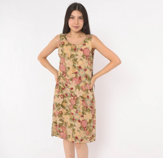 90s Floral Shift Dress Cream Tropical Print Sleeveless Scoop Neck Button Shoulder A Line Knee Length Summer Sundress Prairie Small Medium