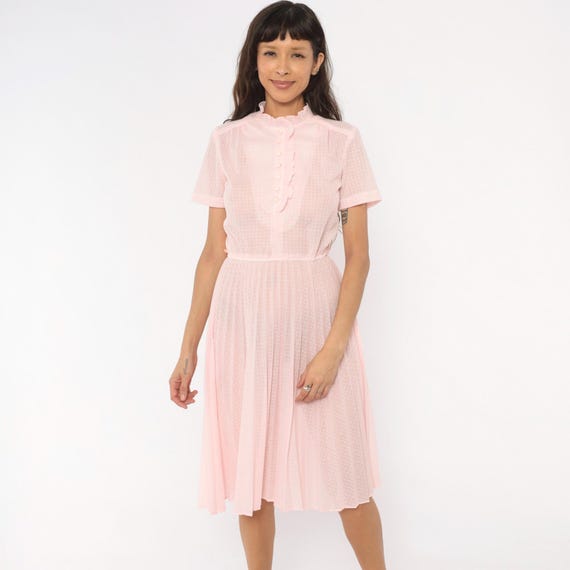 Blush Pleated Shirtdress 70s Ruffle Collar Button Front Pink Sheer Midi Frock Rose Puff Sleeve Feminine Prairie Knee Length Small S