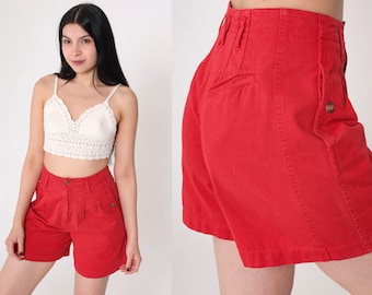 Short rouge des années 90 pantalon plissé short rétro taille haute taille mi-longueur été basique uni Simple coton vintage des années 1990 palmiers petits S 26