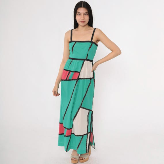Vintage Color Block Dress 80s Teal Maxi Sundress Striped Black Fuchsia Spaghetti Strap High Waist Sleeveless Side Slit 1980s Extra Small xs
