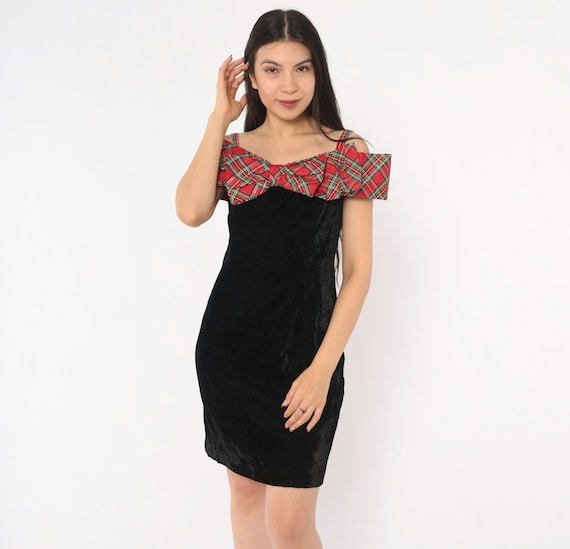 90s Tartan Ruffle Velvet Dress Black Crushed Mini Plaid Bow Off The Shoulder Red Check Holiday Party Cocktail Vintage Extra Small XS