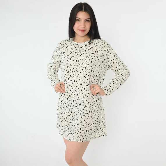 Vintage Geometric Mini Dress 80s Confetti Print Long Sleeve Shift Minidress White Black Evan Picone Retro Medium Large