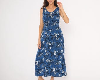 90s Blue Floral Maxi Dress Sleeveless A Line Navy White Flower Print Summer Tank Sundress Prairie Cottage Core Garden Party Vintage Small S