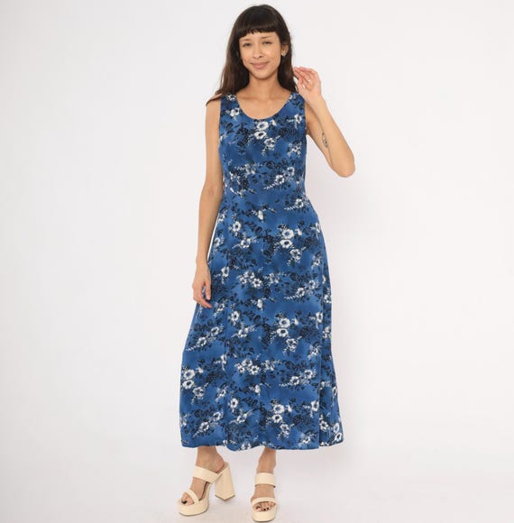 90s Blue Floral Maxi Dress Sleeveless A Line Navy White Flower Print Summer Tank Sundress Prairie Cottage Core Garden Party Vintage Small S