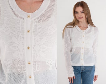 White Cutout Cardigan 80s Sheer Floral Bali Cutwork Cardigan Button Up Sweater Bohemian Summer Hippie Cut Out Flower Vintage 1980s Small S