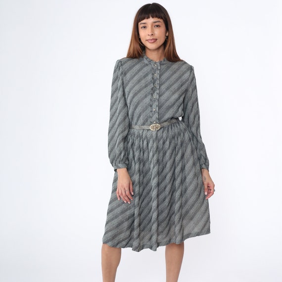 80s Floral Dress Grey Striped White Midi Dress Button Up Dress 1980s Vintage Boho High Waisted Long Puff Sleeve Dress Secretary Medium