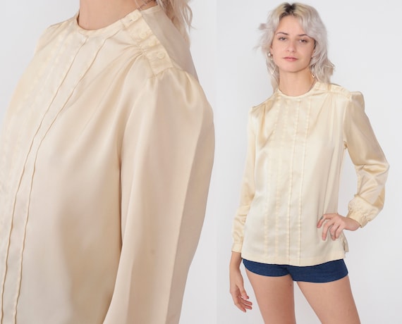 Shiny Cream Blouse 80s Pleated Satin Top Long Puff Sleeve Shirt Button Shoulder Plain Formal Glam Cocktail Chic Vintage 1980s Medium M