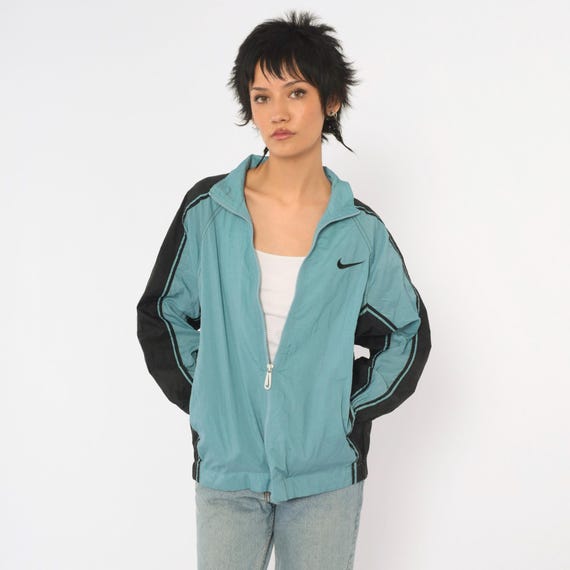 Nike Windbreaker Y2K Blue Black Color Block Zip Front Jacket Spell Out Back Logo Swoosh Track Coat Stand Collar Long Sleeve Sporty Small S