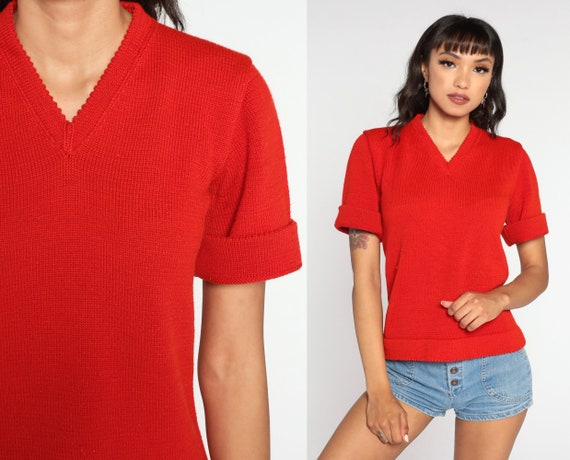 Red Knit Shirt 70s Shirt Short Sleeve 