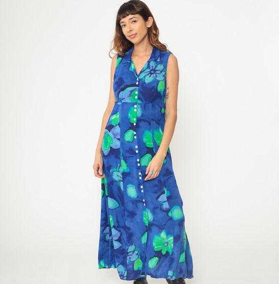 90s Floral Maxi Dress Blue Green Button Front Sleeveless Collar V-Neck Empire Waist Abstract Floral Rayon Summer Boho Vintage Medium M 8