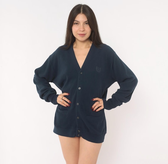 90s Geoffrey Beene Cardigan Navy Blue V Neck Button Front Knit Sweater Grandpa Dark Academia Preppy Collegiate Relaxed Fit Vintage Medium M